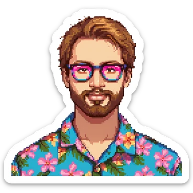 man with light skin tone, short light brown hair and beard, wearing a colorful Hawaiian shirt and pink glasses sticker
