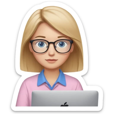 redattrice editoriale. Bionda, capelli lisci biondo scuro, lunghezza media. Occhi blu con occhiali. è al pc a lavorare. Indossa una camicia rosa chiaro sticker