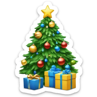 Christmas tree with blue ornaments, lights and with gifts wrap under the tree sticker