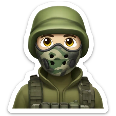 white male, pale skin, call of duty Logan mask, green camo tactical gear, combat boots, beanie, hazel eyes sticker