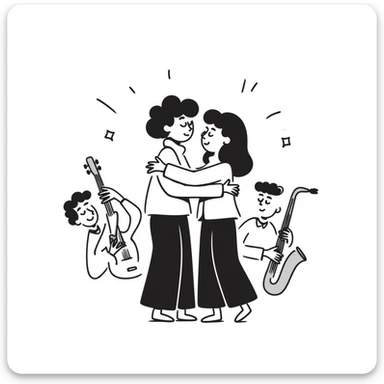 Two musicians of the same gender giving each other a friendly side hug, professional greeting, fraternal embrace, smiling, musical instruments nearby, colleagues congratulating each other sticker