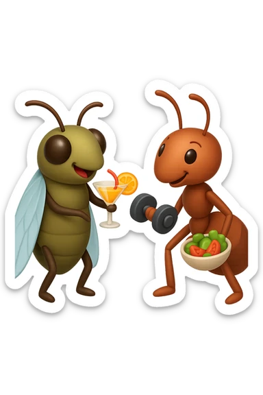 EMOJI STILE IPHONE 3D DI una cicala e una formica che parlano tra loro, la formica ha nella mano destra un manubrio da palestra e nella nella mano sinistra una bowl di insalata, la cicala invece ha un cocktail in mano, la cicala prende in giro la formica, non fare i fumetti però sticker