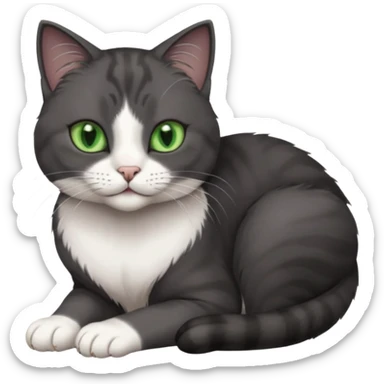 beautiful female solid dark grey cat with green eyes, white toes/paws and white patch on her chest rolling over sticker