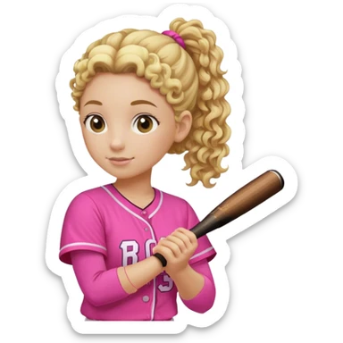 Female softball player blond curly hair pony tail pink outfit sticker