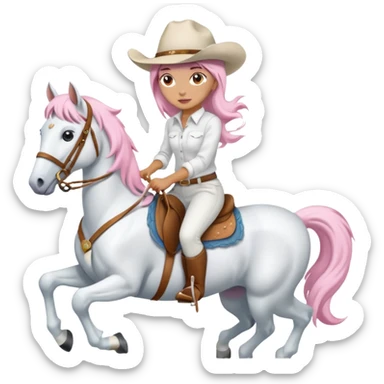 Cowgirl rodeo with white and soft pink clothes riding a white bourse with soft pink hair sticker