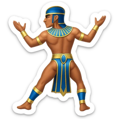 Remove the horns from the Egyptian human bull leaper in the back view 'are you entertained' pose. Add blue and gold accents. Preserve all other details. The style is emoji style. Remove the background. sticker
