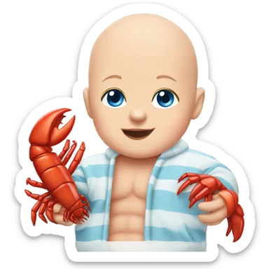 bald baby with blue eyes with stuffed lobster sticker