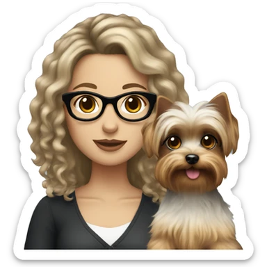 A White girl with curly medium length black hair and glasses holding a Yorkie  sticker