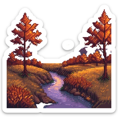 pixel art fall landscape at sunset, orange and red foliage, glowing sky sticker