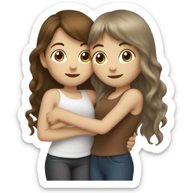 Two girls with white skin hugging. one has long wavy brown hair and the other has long straight brown hair with bangs. sticker