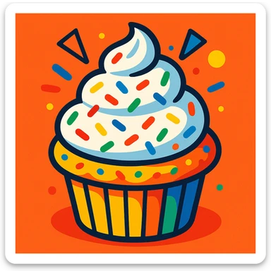 festive muffin with whipped cream swirl and multicolored sprinkles, vibrant style sticker