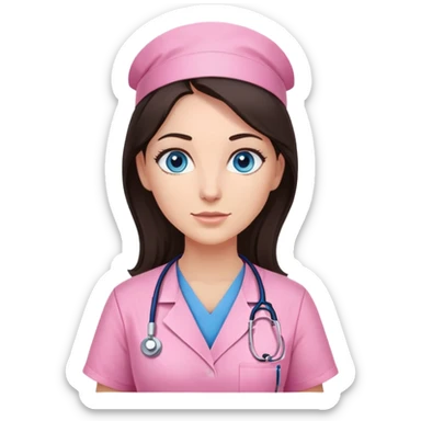 Female nurse, Very long dark brunette hair, blue eyes, light-medium skin, skin, pink scrubs, no hat sticker