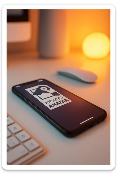 A photo of an iPhone on the desk with the message "Antonio Anania" on its screen, The phone sits atop a desk with a blurred background that suggests work environment. A faint glow from above casts gentle shadows across the surface of each object, creating depth and highlighting their textures sticker