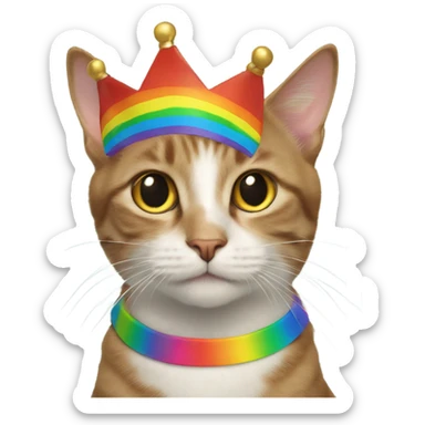 Cat with a rainbow crown and a rainbow collar with the name “Frodo” on it sticker