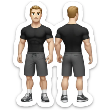 Pale skinned Fit Man With the biceps and dark brown hair in black shirt, gray sports shorts and white Sneakers sticker