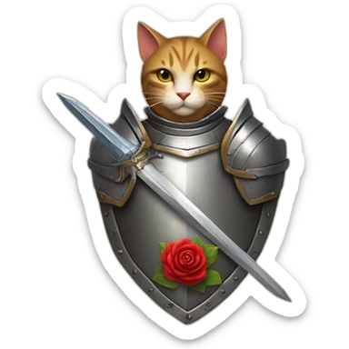 Knight cat-in armor- with a sword. On the shield is a rose and the sun. The sword looks like a helmet sticker