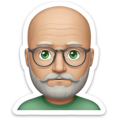 50 years old, green eyes, 2 days salt and pepper beard, bald, glasses sticker