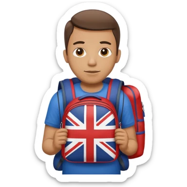 A guy with a backpack and a Union Jack on his T-shirt holds the Union Jack. sticker