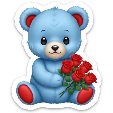 cute blue baby teddy bear holding roses  sticker