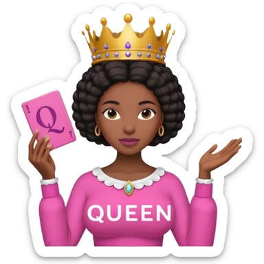 Crear una reina morena clara con ropa rosa sosteniendo la palabra Queen en sus manos sticker