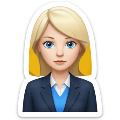 40 yr old white woman, pale skin, long straight blond hair parted in center, blue eyes, bangs, clothes for office sticker