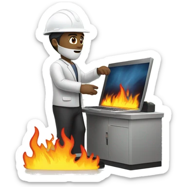 engineer putting out computer on fire sticker