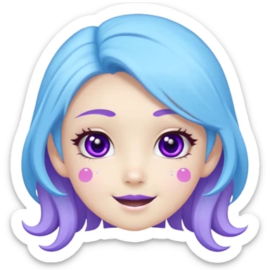 
de color azul claro brillante con manchas orgánicas en tonos morado y violeta.El rostro es expresivo y kawaii, con ojos grandes y brillantes, cejas pequeñas y una sonrisa abierta con lengua rosada. Estilo moderno, limpio y tierno, ideal como emoji, sticker o mascota digital.
 sticker