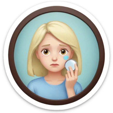 thoughtful tired woman looking in the mirror, gentle pastel tones, soft lighting, emoji style, symbolizes fatigue not ageing sticker