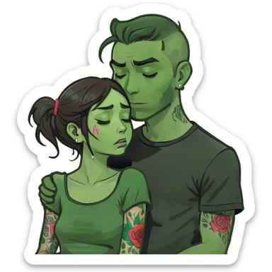 Tattooed boy holding crying brunette girl sticker