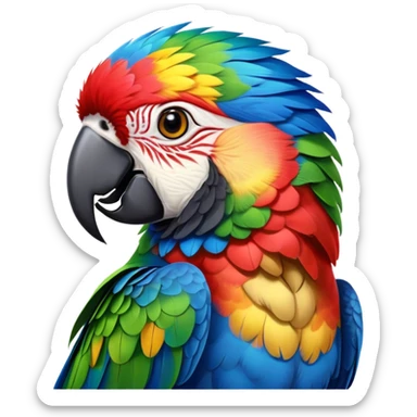 Cinematic Noble Macaw Portrait Emoji, Poised and regal, with vibrant, iridescent feathers in a spectrum of brilliant colors and sharp, intelligent eyes, Simplified yet sharp and sophisticated features, highly detailed, glowing with a soft, tropical radiance, high shine, majestic and graceful, stylized with an air of exotic elegance, focused and alert, soft glowing outline, capturing the essence of a watchful and confident avian guardian that seems ready to soar out of the screen with effortless authority! sticker