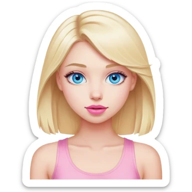 blonde girl with blue eyes and a pink tank top, wearing a pale pink lipstick sticker