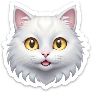 Cinematic Comical White Cat Portrait Emoji, Head tilted in an exaggerated, surprised manner with wide, sparkling eyes, showcasing a pristine white fur with subtle hints of silver and an animated, goofy expression, simplified yet whimsically detailed, glowing with a playful, bright radiance, high shine, exuding a lighthearted and comical charm, styled with a soft glowing outline, capturing the essence of a white cat that looks ready to prance comically off the screen! sticker