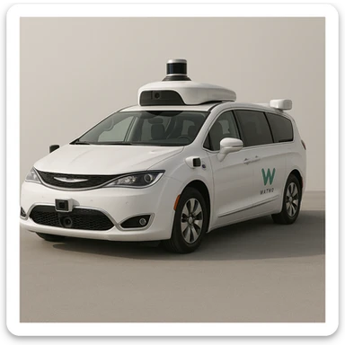 Waymo self-driving car, modern and clean design, visible sensors and lidar, simple background, realistic style sticker