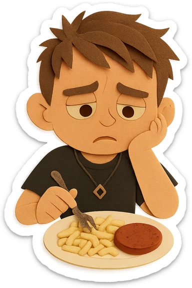 Now he looks slightly worried — he was told that if he doesn't eat protein, he might not grow up. sticker