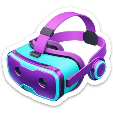 Futuristic glowing neon VR headset, purple and cyan light, dark background, digital tech style sticker