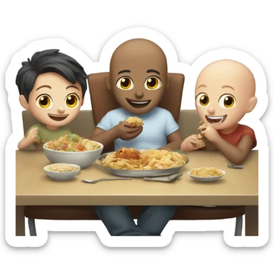 bald boy enjoying food with friends sticker