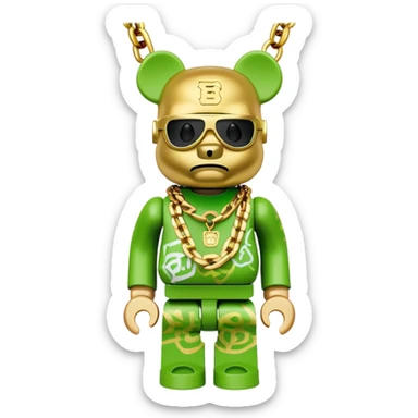 classic bearbrick figure with lime green mask covered in chaotic brand logos, wearing several large gold chains, gold pendant, rapper style accessories, expressive eyebrows sticker