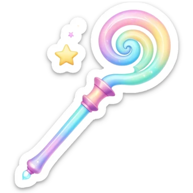 Cinematic cute magical wand, pastel swirls of color, tiny twinkling stars floating around, glowing softly, chubby rounded edges, whimsical and dreamy. sticker