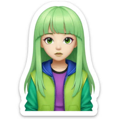  portrait-of-a-green skin alien-k-pop-idol,-wearing-a-stylish-streetwear-outfit-with-layered-colorful-clothing,-long-hair-with-bangs,-makeup,- sticker