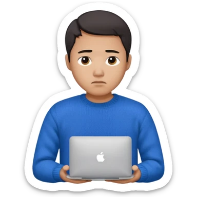 a asian guy wearing a blue knit with white shirt, looking sad, holding a macbook, only upper body, high quality sticker