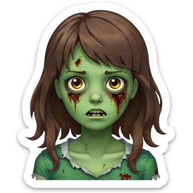 Uma menina zombie com um cabelo ondulado médio, com a franja pro lado direito, o cabelo com cor castanho com a cor de pele verde  sticker