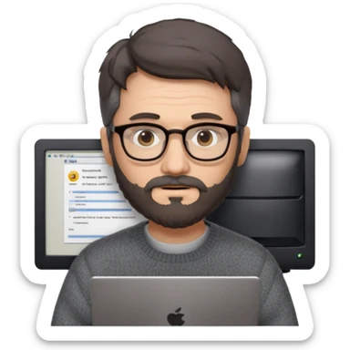 Profesor de pelo gris marrón oscuro con gafas un poco de barba jersey gris y un ordenador los óleos son marrones sticker