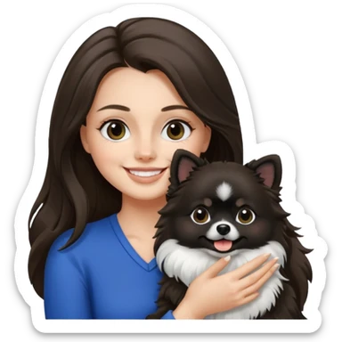 A woman who has brunette long hair is holding a black and white 1 Pomeranian dog who has black face but in the middle he has a white line from the nose sticker