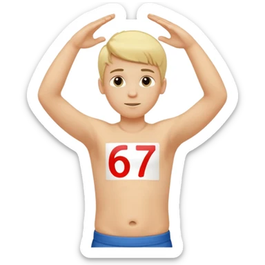 Boy, blonde hair with two hands stomach up saying 67 sticker