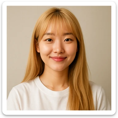 Korean girl with long blond hair and bangs, friendly expression, simple background sticker