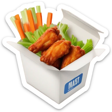 hot wings with celery carrots with ranch on the side in takeout box ￼￼ sticker