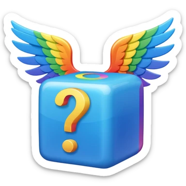 Blue cube with blue wings and has a rainbow question mark sticker