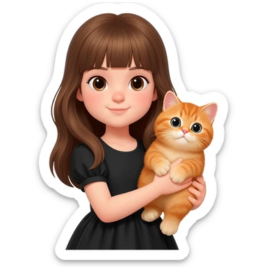 british Baby cat orange with girl long brown hair And black dress and bang hair sticker