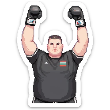 white man with dark hair, dark eyes, buzzcut faded haircut, overweight 100kg boxer, chubby face, stocky build, wearing full black clothes, black adidas boxing gloves, victory pose with arms raised, upper body only no legs visible, highly pixelated sticker