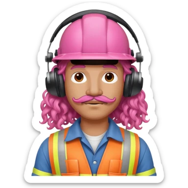 construction worker with pink long curly hair and protective headphones and mustache sticker